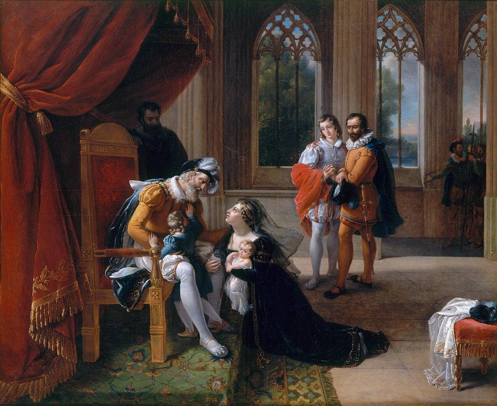 Eugénie Servières (1786-1855), Inès de Castro se jetant avec ses enfants aux pieds d'Alphonse IV roi de Portugal, pour obtenir la grace de don Pedro, son mari, 1822, huile sur toile, musée du château de Versailles.