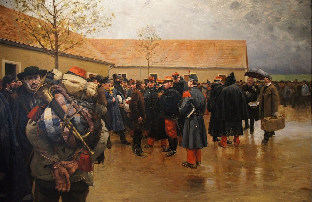 Pierre Georges Jeanniot (1848–1934), Réservistes de 1870,1882, huile sur toile,hôtel des Invalides, Paris.