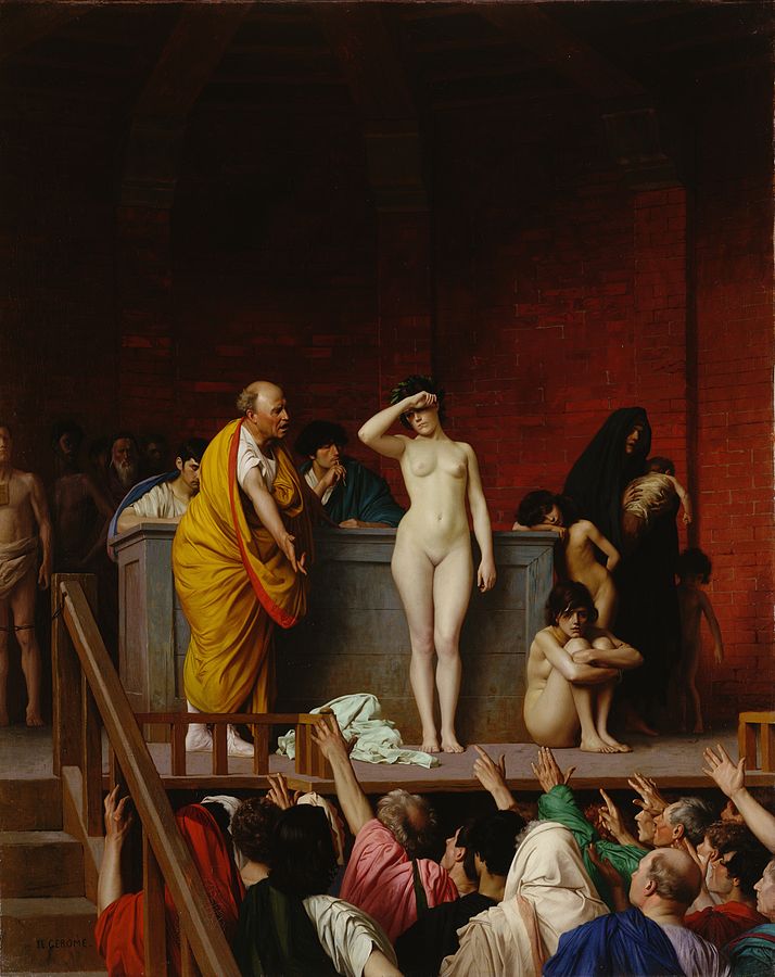 Jean-Léon Gérôme (1824–1904), Vente d'esclaves à Rome, 1884, huile sur toile, Musée de l'Ermitage, Saint-Pétersbourg.