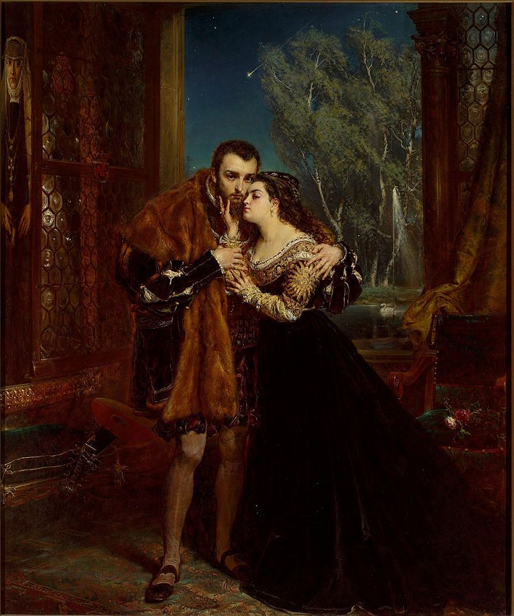 Jan Matejko (1838–1893), Sigismond Auguste et Barbara à la cour des Radziwiłł à Vilnius,1867, huile sur toile, Musée national de Varsovie. 
