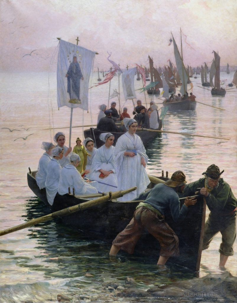 XMP61244 The Arrival of the Procession of St. Anne from Fouesnant to Concarneau, 1887 (oil on canvas) by Guillou, Alfred (1844-1926); 281x222 cm; Musee des Beaux-Arts, Quimper, France; (add.info.: l'arrivee du pardon de Sainte Anne de Fouesnant; arrivee;); Giraudon; French, out of copyright possible copyright restrictions apply, consult national copyright laws