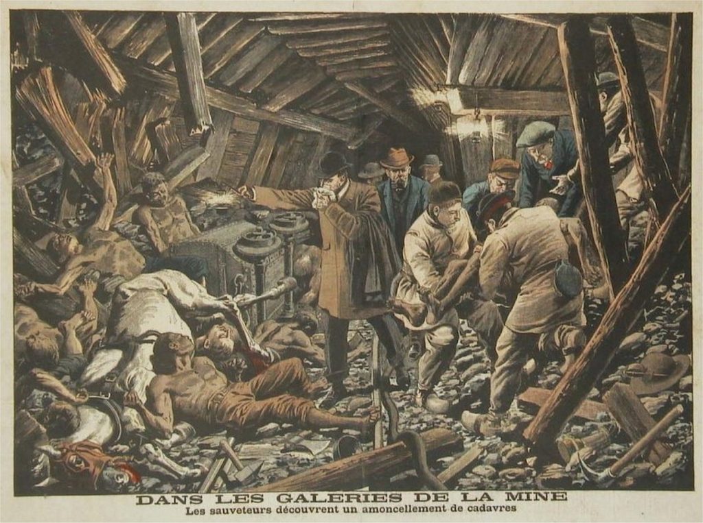Illustration d'époque représentant la découverte de cadavres dans les galeries de la mine. 