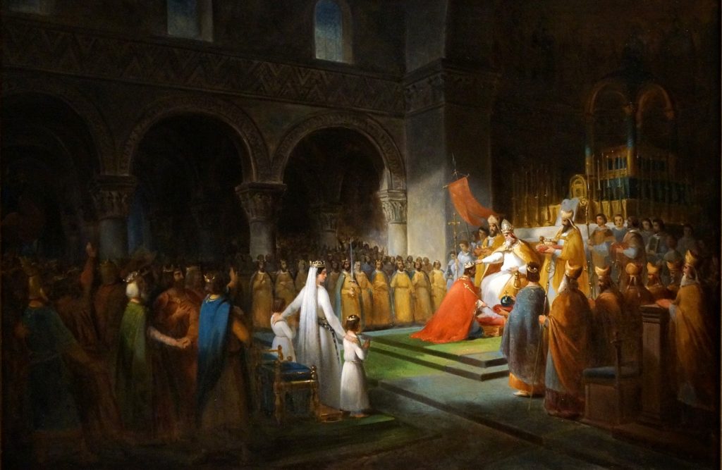François Dubois, Sacre de Pépin le Bref par le pape Etienne II à Saint-Denis, le 28 juillet 754, 1837, huile sur toile, musée du château de Versailles.