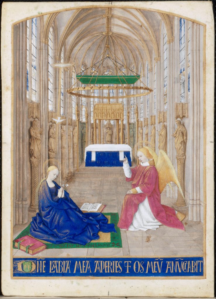 Jean Fouquet (1420–1481), L'Annonciation, miniature tirée des Heures d'Étienne Chevalier. Office du Saint-Esprit, matines. Représentation de l'intérieur de la Sainte-Chapelle de Bourges. 