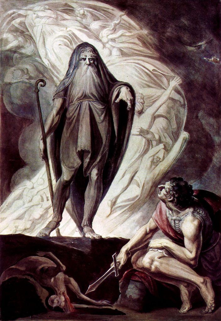 Henry Fuseli (1741–1825),Tirésias apparaît à Ulysse pendant le sacrifice, entre 1780 et 1785, aquarelle et tempera sur carton, Graphische Sammlung der Albertina (Vienne).