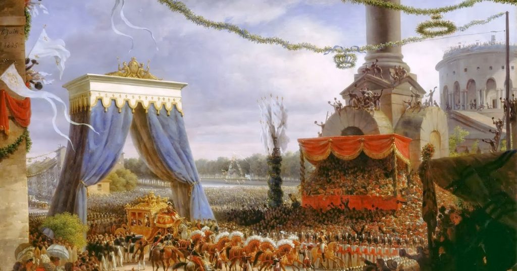 Louis-François Lejeune (1775 - 1848), : Entrée de Charles X à Paris, par la barrière de la Villette, après son sacre. 6 juin 1825 , 1825, huile sur toile, musée du château de Versailles.