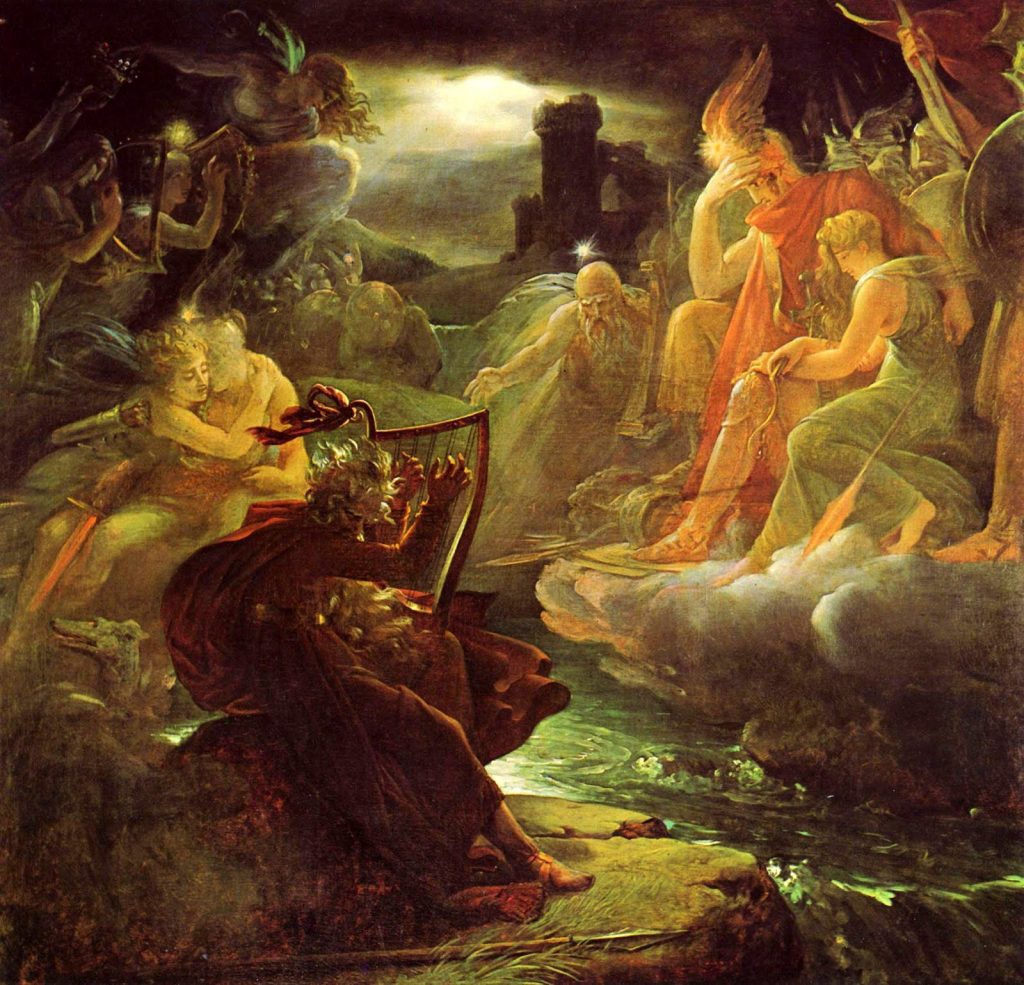 François Gérard (1770–1837), Ossian évoque les fantômes au son de la harpe sur les bords du Lora, huile sur toile, château de Malmaison.