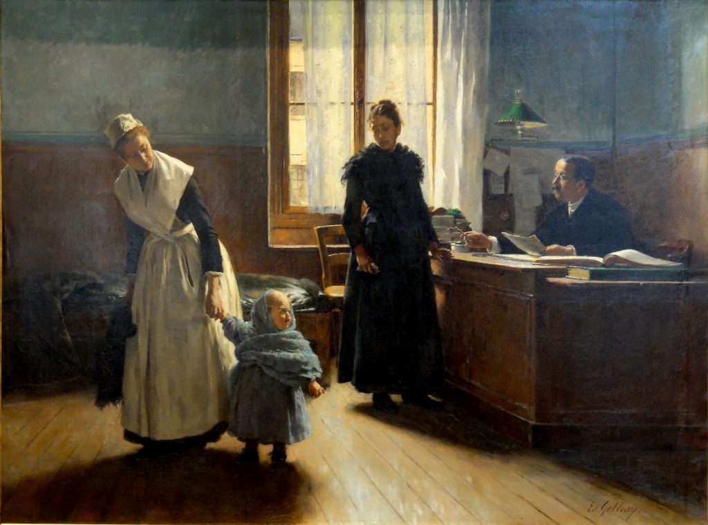 Édouard Gelhay (1856-1939), Aux enfants assistés, L'abandon, 1886, huile sur toile, musée d'Art et d'Archéologie de Senlis. 