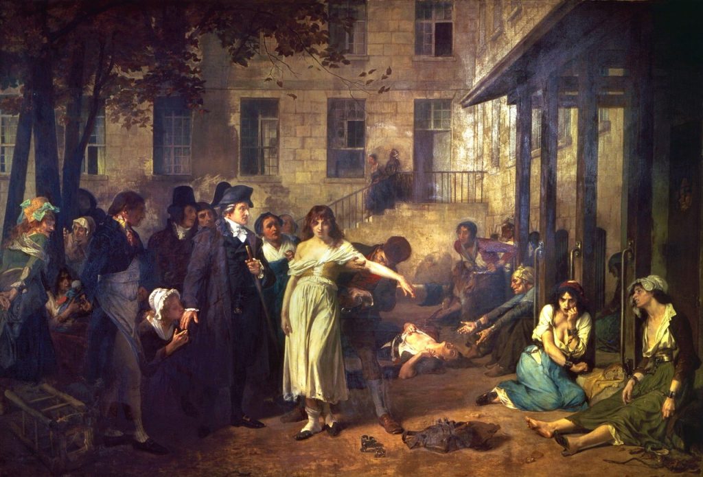 Tony Robert-Fleury (1838-1911), Le docteur Philippe Pinel faisant tomber les chaînes des aliénées à la Salpêtrière,huile sur toile.