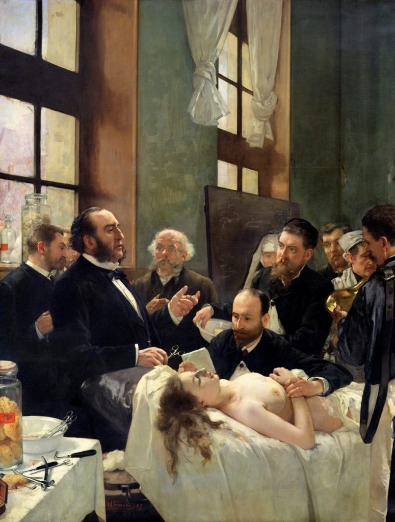 Henri Gervex (1852-1929), Avant l’opération dit aussi Le docteur Péan enseignant à l’hôpital Saint-Louis sa découverte du pincement des vaisseaux, 1887, huile sur toile, Musée d’Orsay.